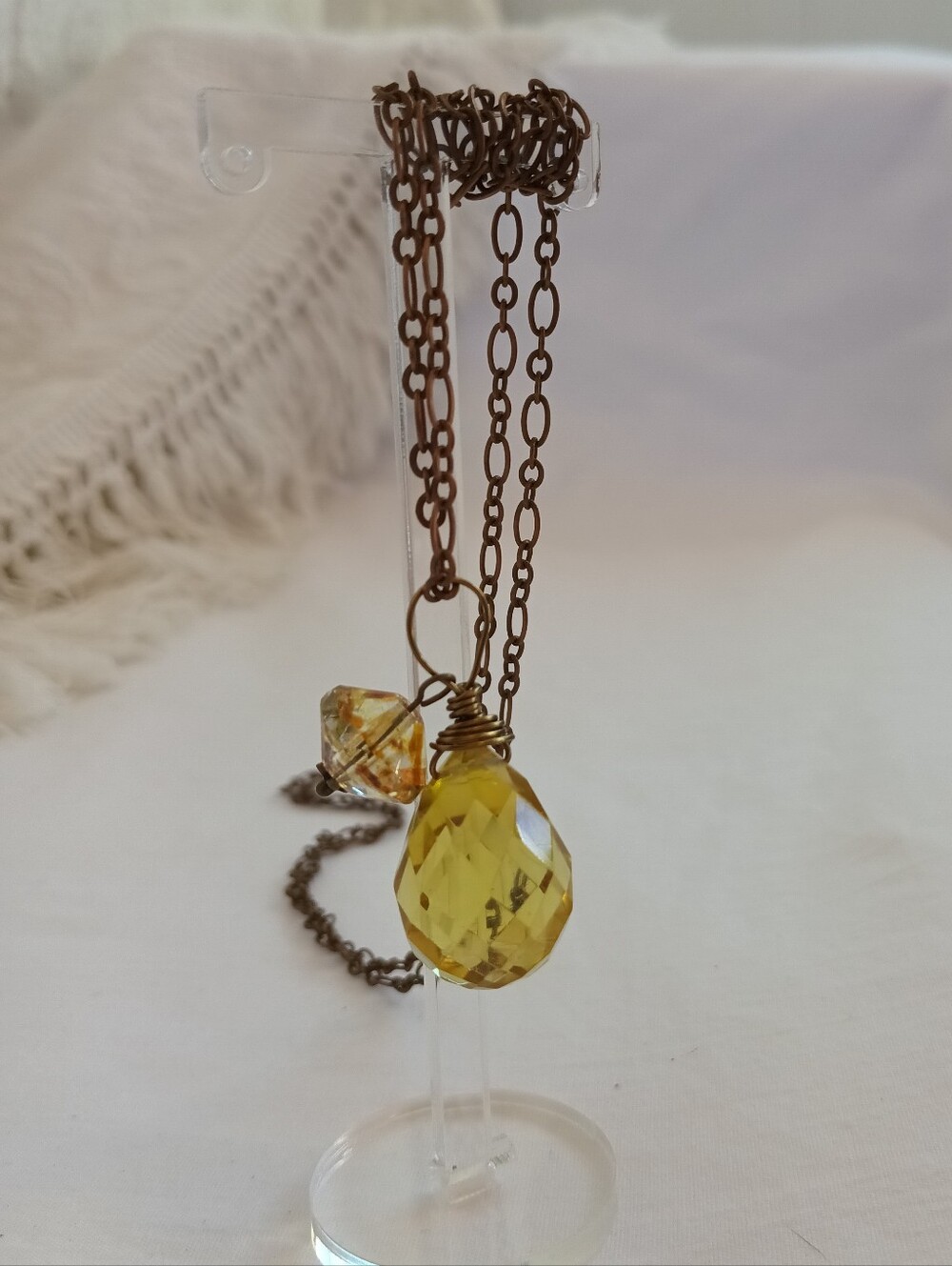 Hand Crafted Citrine Drop Pendant Amber Czech Glass X Long Antique Brass Chain - Picture 4 of 7